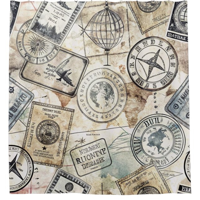 Rustic Passport Stamp Travel Pattern (4) Shower Curtain (Front)