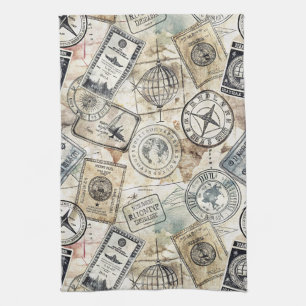 Rustic Passport Stamp Travel Pattern (4) Tea Towel