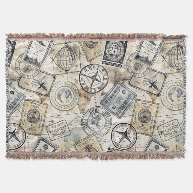 Rustic Passport Stamp Travel Pattern (4) Throw Blanket (Front)
