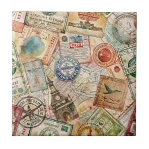 Rustic Passport Stamp Travel Pattern (5) Ceramic Tile