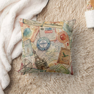 Rustic Passport Stamp Travel Pattern (5) Cushion