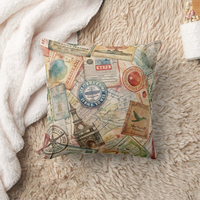 Rustic Passport Stamp Travel Pattern (5) Cushion (Blanket)
