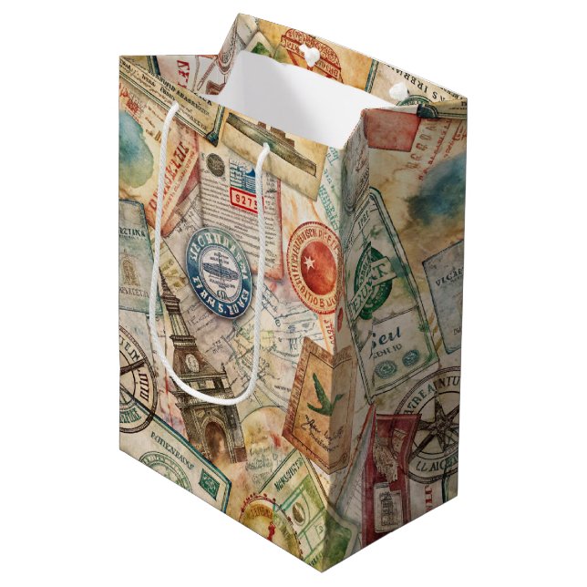 Rustic Passport Stamp Travel Pattern (5) Medium Gift Bag (Front Angled)