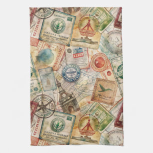 Rustic Passport Stamp Travel Pattern (5) Tea Towel