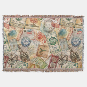 Rustic Passport Stamp Travel Pattern (5) Throw Blanket