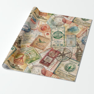 Rustic Passport Stamp Travel Pattern (5) Wrapping Paper