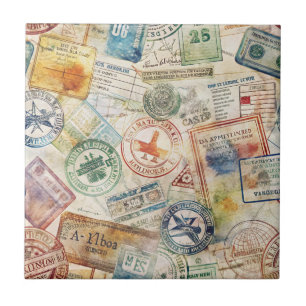 Rustic Passport Stamp Travel Pattern (6) Ceramic Tile