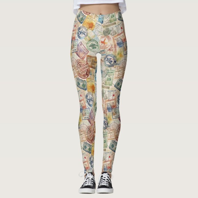 Rustic Passport Stamp Travel Pattern (6) Leggings (Front)