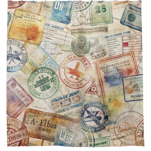 Rustic Passport Stamp Travel Pattern (6) Shower Curtain (Front)