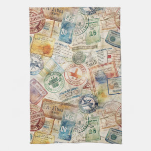 Rustic Passport Stamp Travel Pattern (6) Tea Towel
