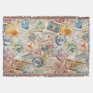 Rustic Passport Stamp Travel Pattern (6) Throw Blanket