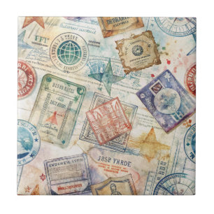 Rustic Passport Stamp Travel Pattern (7) Ceramic Tile
