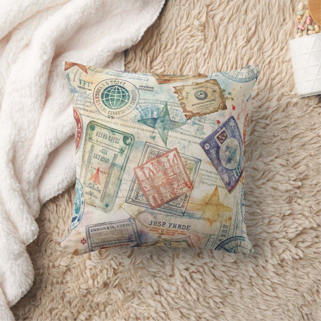 Rustic Passport Stamp Travel Pattern (7) Cushion (Blanket)