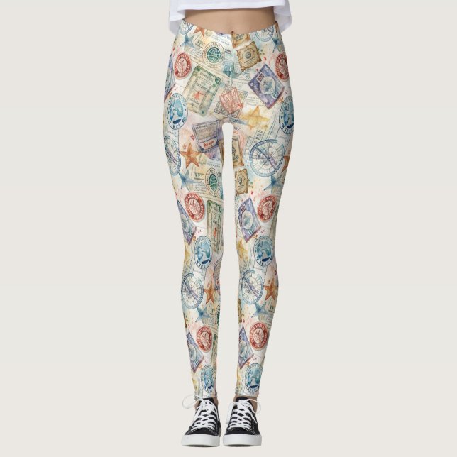 Rustic Passport Stamp Travel Pattern (7) Leggings (Front)