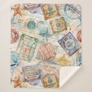 Rustic Passport Stamp Travel Pattern (7) Sherpa Blanket