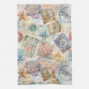 Rustic Passport Stamp Travel Pattern (7) Tea Towel