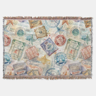 Rustic Passport Stamp Travel Pattern (7) Throw Blanket