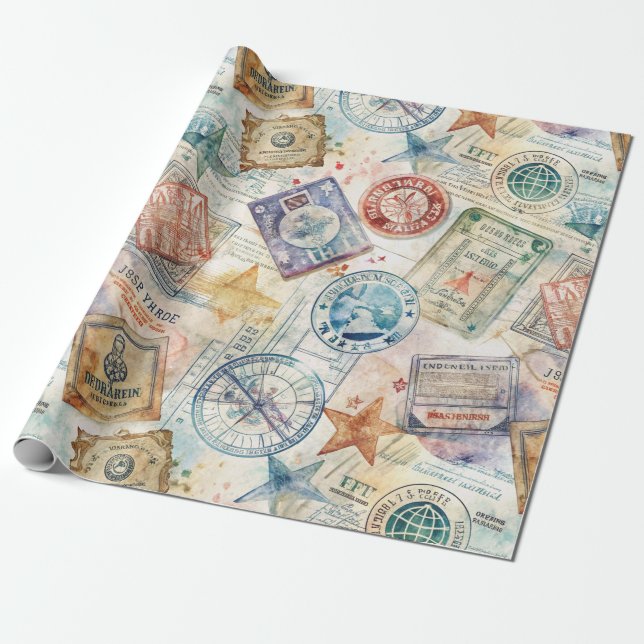 Rustic Passport Stamp Travel Pattern (7) Wrapping Paper (Unrolled)