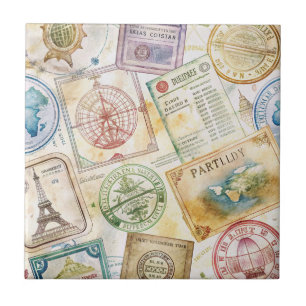 Rustic Passport Stamp Travel Pattern (8) Ceramic Tile