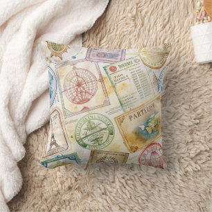 Rustic Passport Stamp Travel Pattern (8) Cushion
