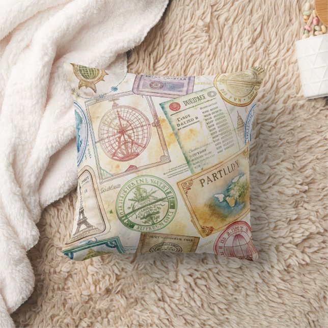 Rustic Passport Stamp Travel Pattern (8) Cushion (Blanket)
