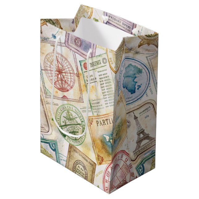 Rustic Passport Stamp Travel Pattern (8) Medium Gift Bag (Front Angled)