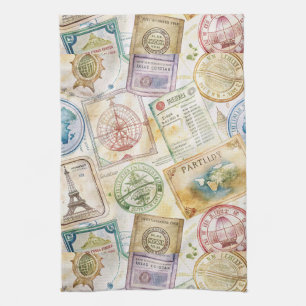 Rustic Passport Stamp Travel Pattern (8) Tea Towel