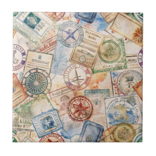 Rustic Passport Stamp Travel Pattern (9) Ceramic Tile