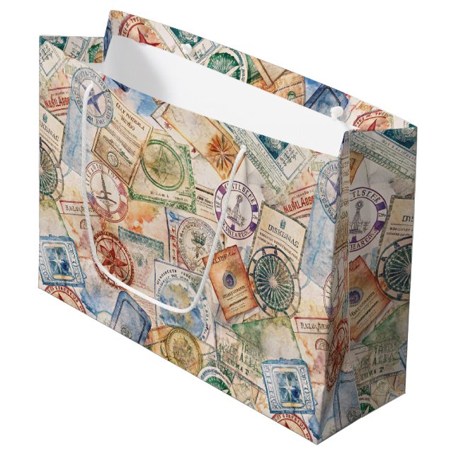 Rustic Passport Stamp Travel Pattern (9) Large Gift Bag (Front Angled)