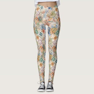 Rustic Passport Stamp Travel Pattern (9) Leggings