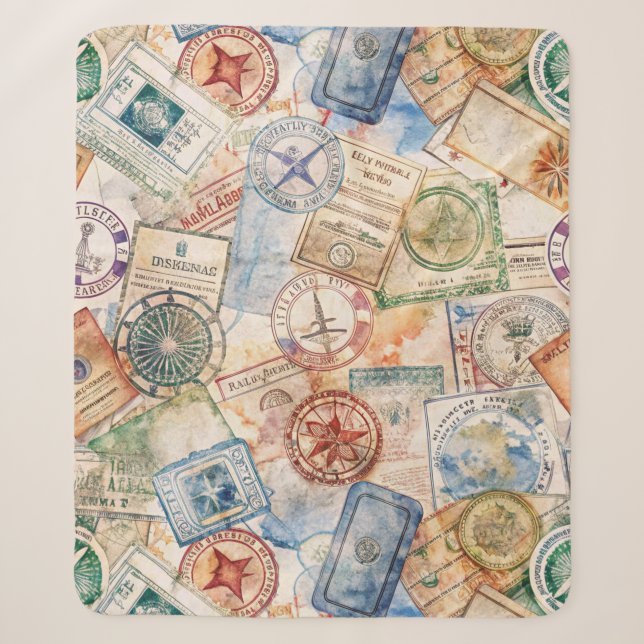 Rustic Passport Stamp Travel Pattern (9) Sherpa Blanket (Front)