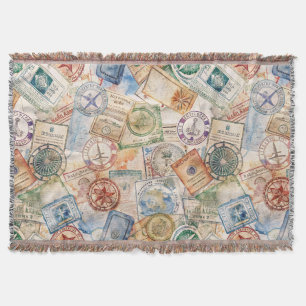 Rustic Passport Stamp Travel Pattern (9) Throw Blanket