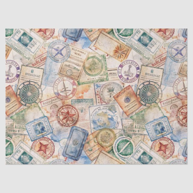 Rustic Passport Stamp Travel Pattern (9) Tissue Paper (Front)
