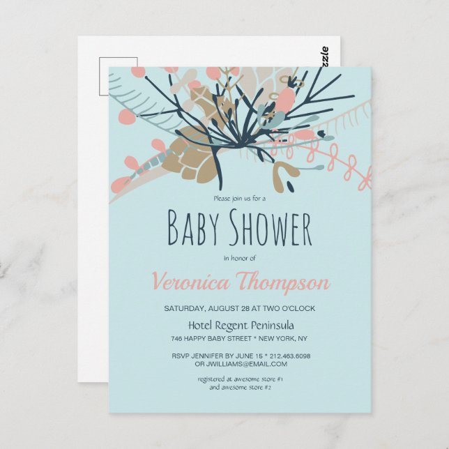 Rustic Pastel Blue Botanical Baby Shower Invite Postcard (Front/Back)