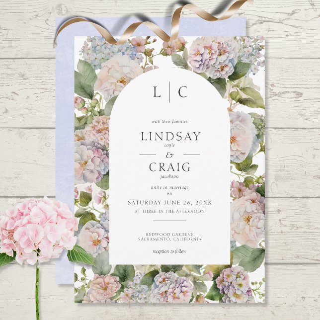 Rustic Pastel Hydrangea Floral Monogram White Invitation (Creator Uploaded)