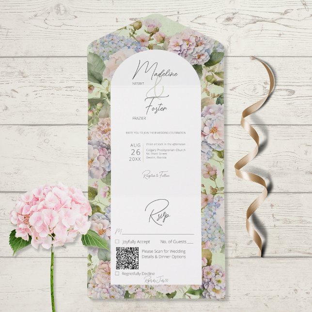 Rustic Pastel Hydrangeas Sage Green Arch QR Code All In One Invitation (Creator Uploaded)