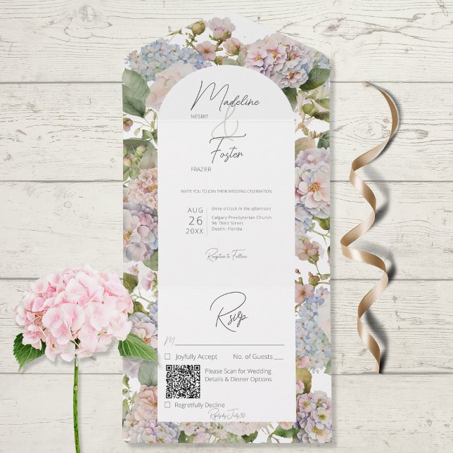 Rustic Pastel Hydrangeas White Arch QR Code All In One Invitation (Creator Uploaded)