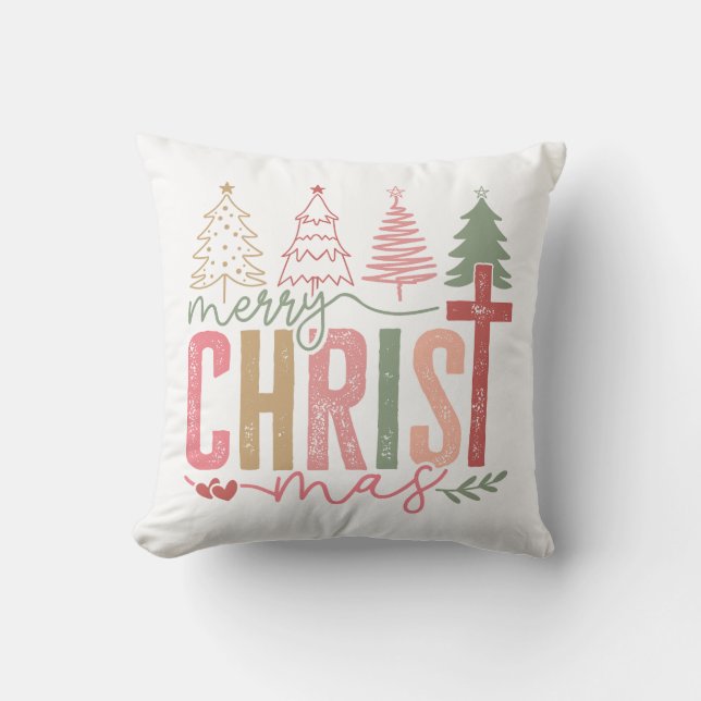 Rustic Pastel Merry Christ mas Tree Cushion (Front)