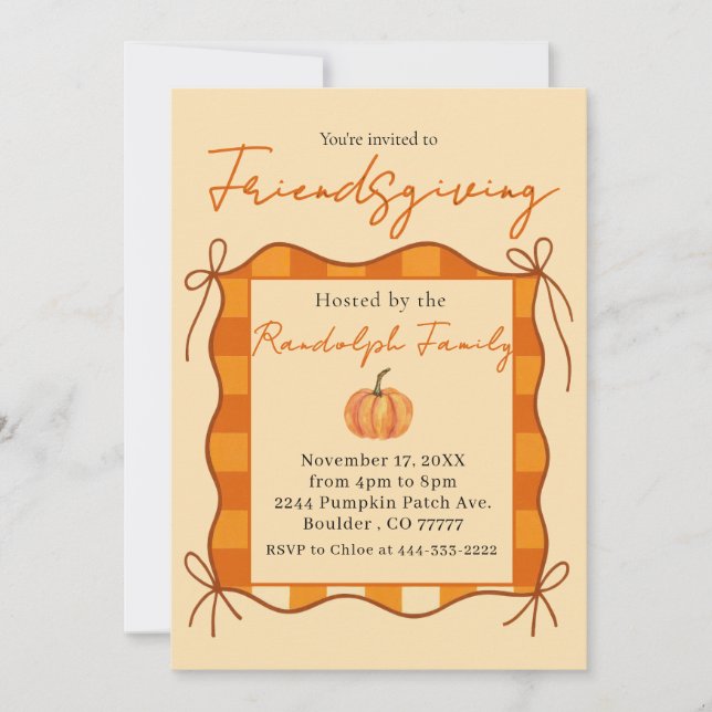 Rustic Pastel Orange Gingham Friendsgiving Invitation (Front)