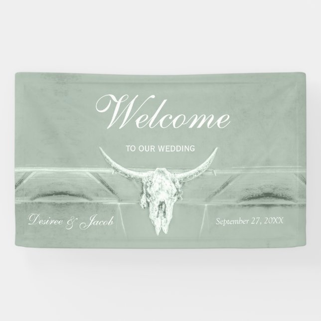 Rustic Pastel Sage Green Western Cow Skull Welcome Banner (Horizontal)