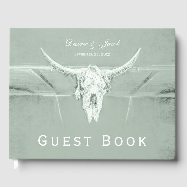 Rustic Pastel Sage Green White Western Cow Skull Guest Book (Front)