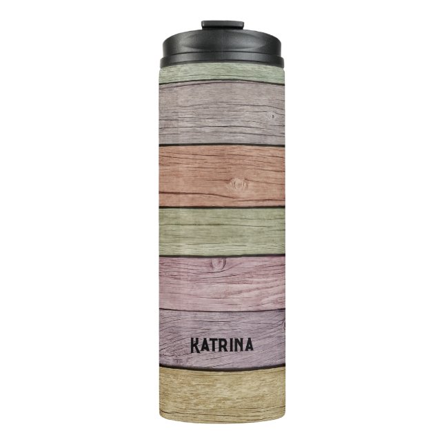 Rustic Pastel Wood Plank Customisable Name  Thermal Tumbler (Front)