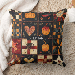 Rustic Patchwork   Folk Art Autumn Quilt Pattern Cushion