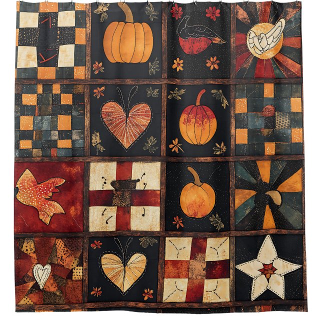 Rustic Patchwork | Folk Art Autumn Quilt Pattern Shower Curtain (Front)