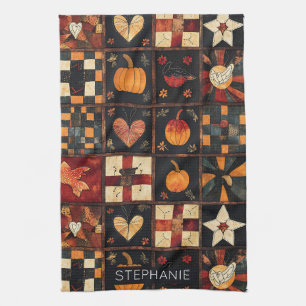 Rustic Patchwork   Folk Art Autumn Quilt Pattern Tea Towel