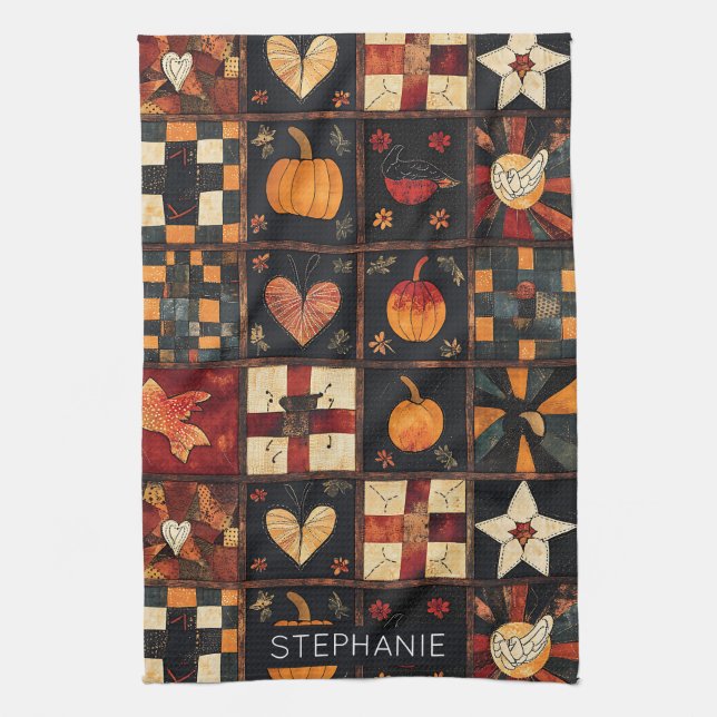 Rustic Patchwork | Folk Art Autumn Quilt Pattern Tea Towel (Vertical)