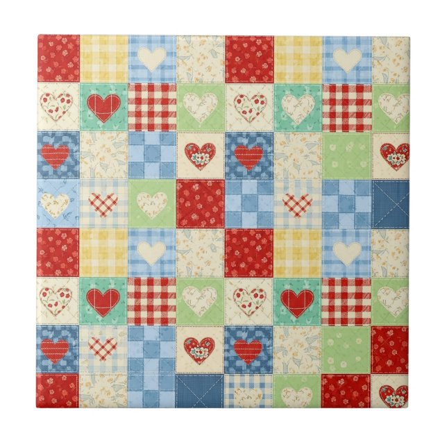 Rustic Patchwork Hearts Picnic Pattern (1) Ceramic Tile (Front)