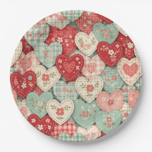 Rustic Patchwork Hearts Picnic Pattern (1) Paper Plate