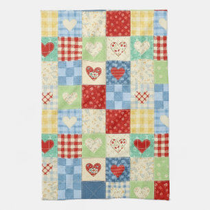Rustic Patchwork Hearts Picnic Pattern (1) Tea Towel
