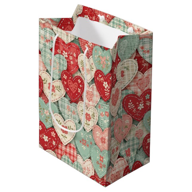 Rustic Patchwork Hearts Picnic Pattern (2) Medium Gift Bag (Front Angled)